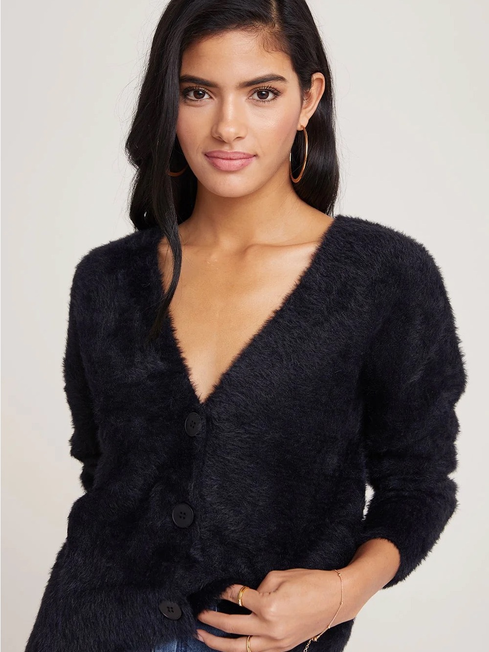 Bella Dahl Charcoal Fuzzy V-Neck Button Cardigan